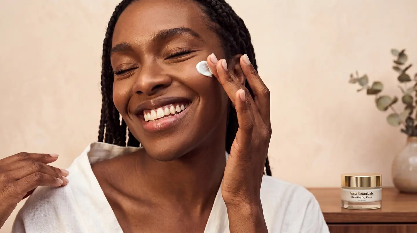 Mulher sorridente a aplicar creme hidratante no rosto